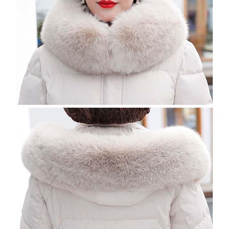Winter Hooded Slim Down Cotton Jacket Solid Color Fur Collar Thick Parkas Coat Middle-aged Mother Warm Over-The-Knee Overcoat