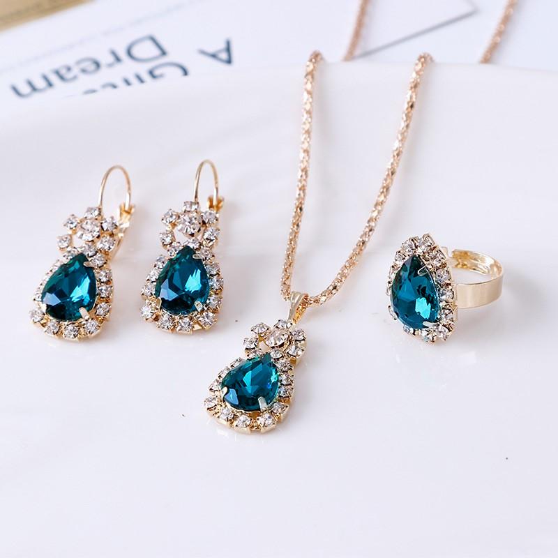 Blue Cyrstal Ring Necklace Earrings Set Wedding Jewelry Sets For Brides Pendant Earrings For Girls Women African Jewelry Sets