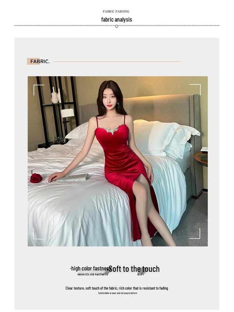 Gold Velvet Rhinestone Evening Gown for Women with Waist-Cinching Slim Fit and Split Strap Design
