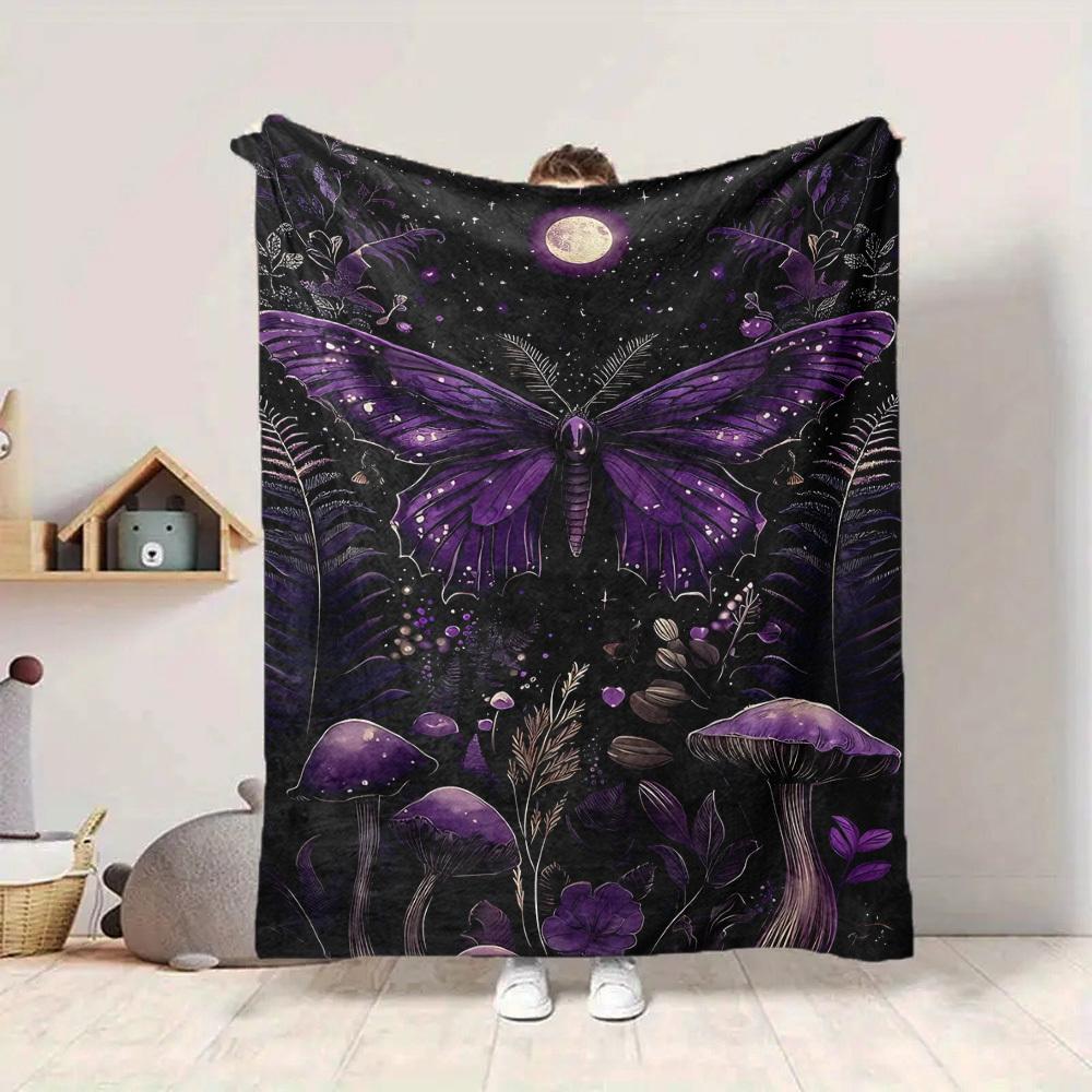 1pc Purple Moonlit Garden Blanket, Lightweight Flannel Throw Blanket for Sofa, Bed, Travel, Camping, Living Room, Office, Couch022