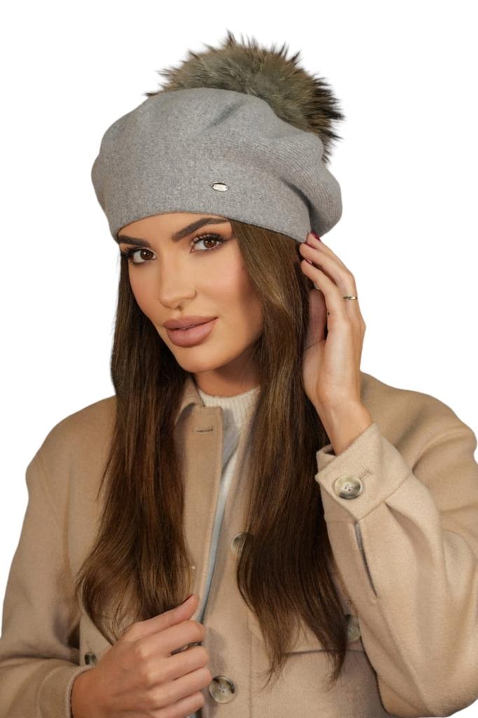 Women' Eco Wool Beret with Pompom, Light Gray Kamea-Fuji
