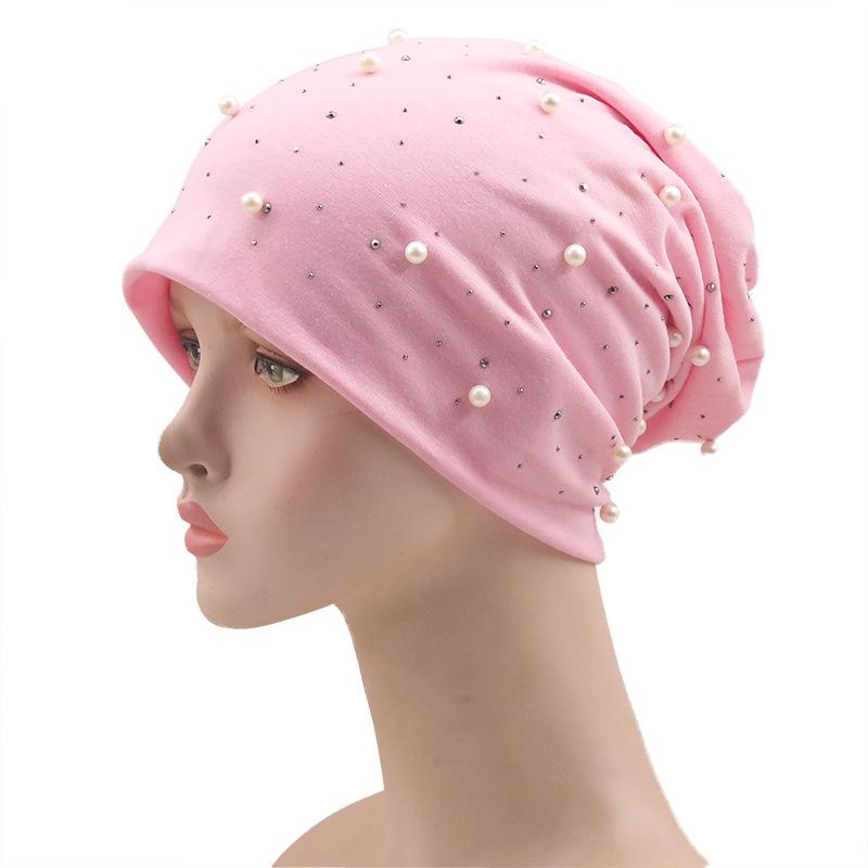 European and American women's autumn and winter new warm brimless hot diamond pearl monochrome pullover hat dome printing outdoor stacking hat