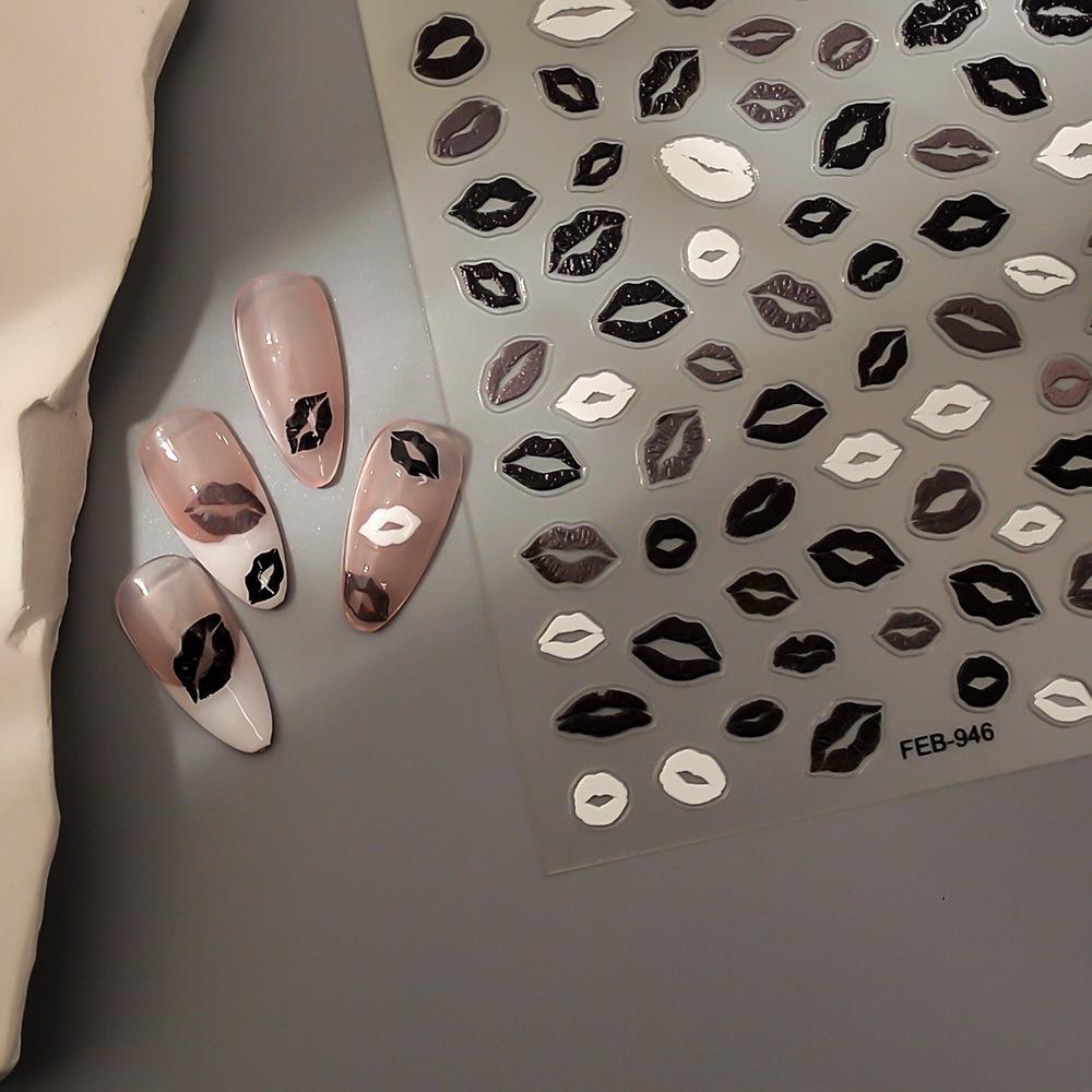 3D Embossed Black Lip Print Nail Art Stickers - Dark, Self-Adhesive DIY for Hot Girl Style