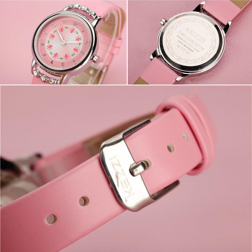 Skórzany pasek do zegarka dla dzieci Świeży piękny styl rhinestone Wyświetlacz studencki Analogowy