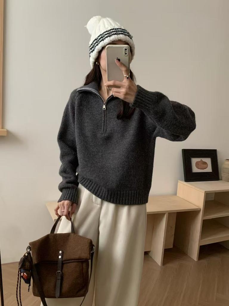 Half Zipper Lapel Knitted Pullover Sweater Women's Autumn and Winter High-end Sense New Lazy Soft Waxy Knitted Sweater Top
