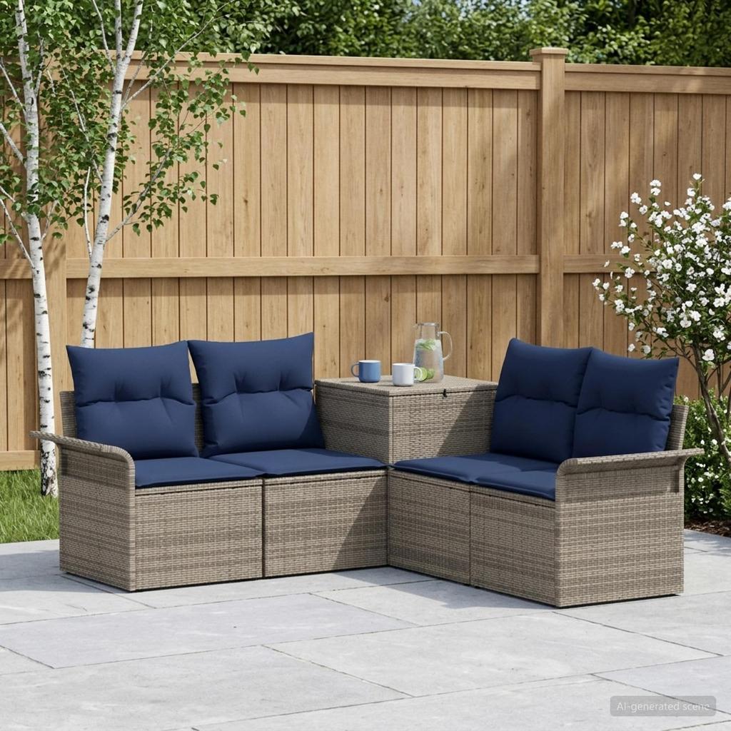 Sofa Set 5 Pieces Gray and Navy Blue Poly Rattan and Steel