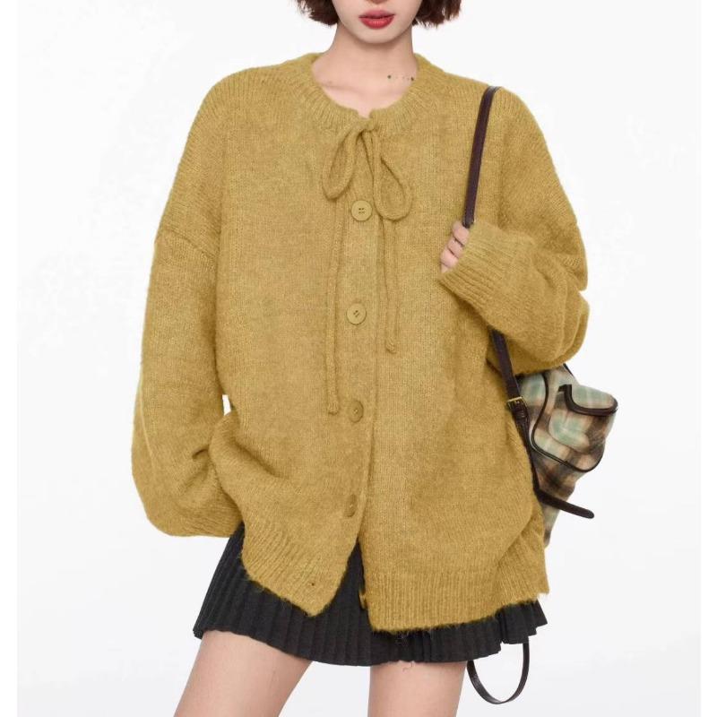 Autumn and Winter Retro Lace-up Sweater Jacket Women's Loose Lazy Style New Knitted Cardigan Top Women