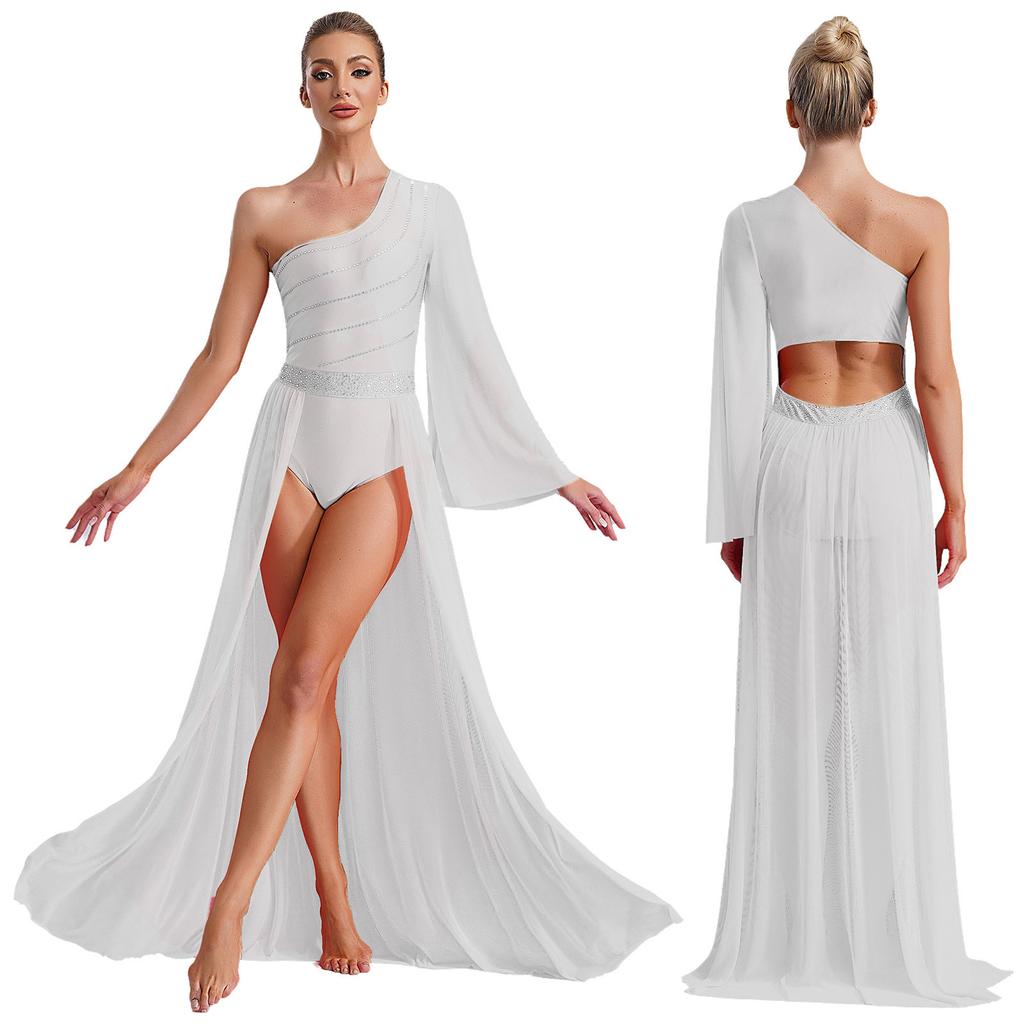 Ladies Lyrical Dance Wear One Shoulder Sheer Mesh Flared Sleeve Shiny Rhinestones Costume
