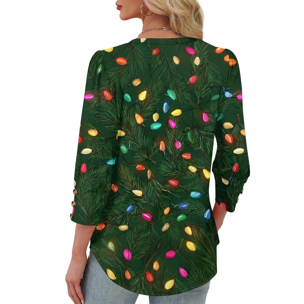 Women's Fashionable Casual Christmas Printed V-neck Top