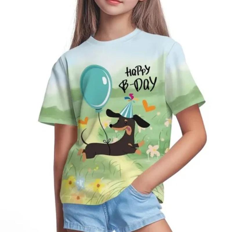 Children's Cartoon Sausage Puppy Print Cute Multi-color T-shirts Girls Fashionable Soft Comfortable T-shirt