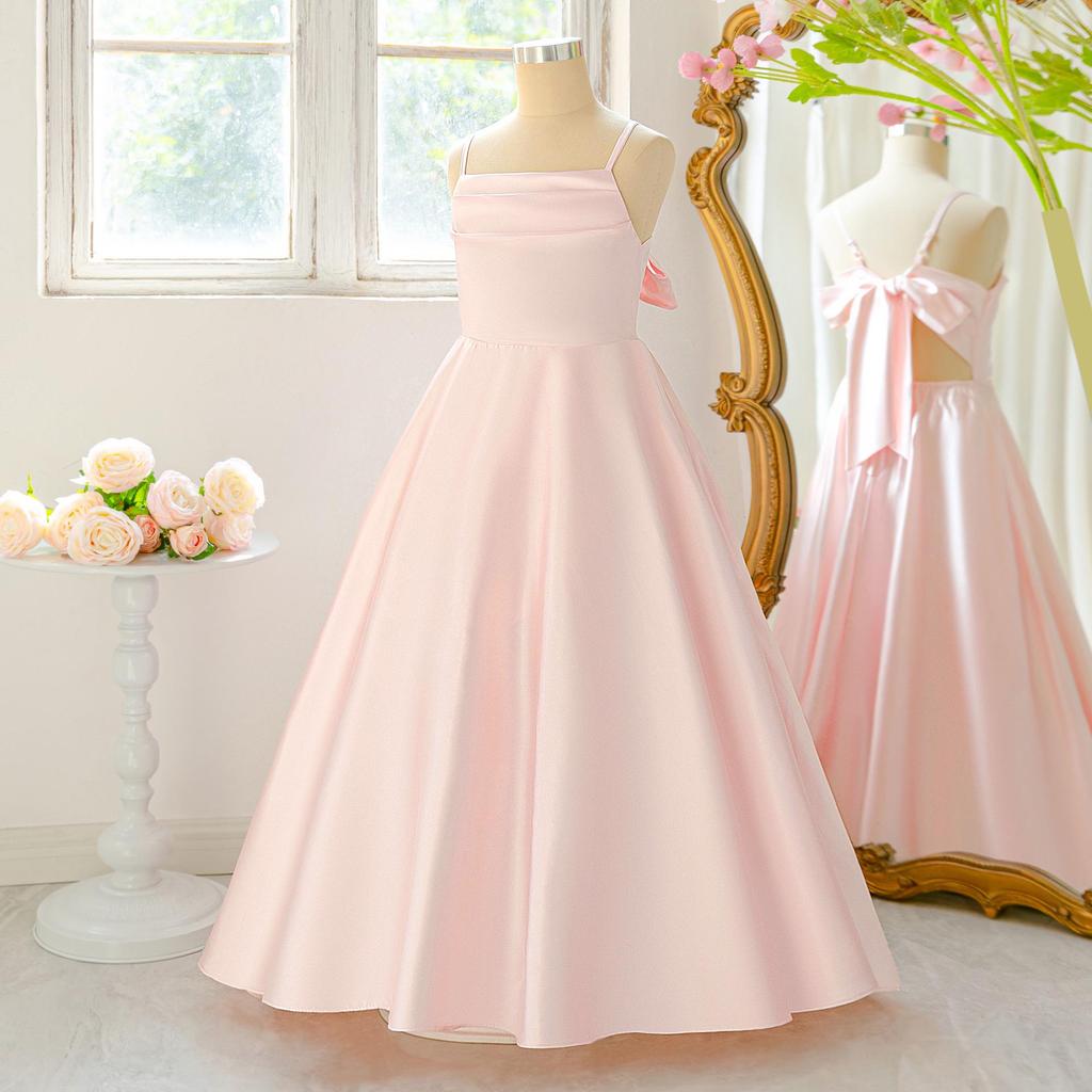 French Satin Girls' Formal Irregular Spaghetti Strap Dress - Elegant Puffy Princess Evening Gown