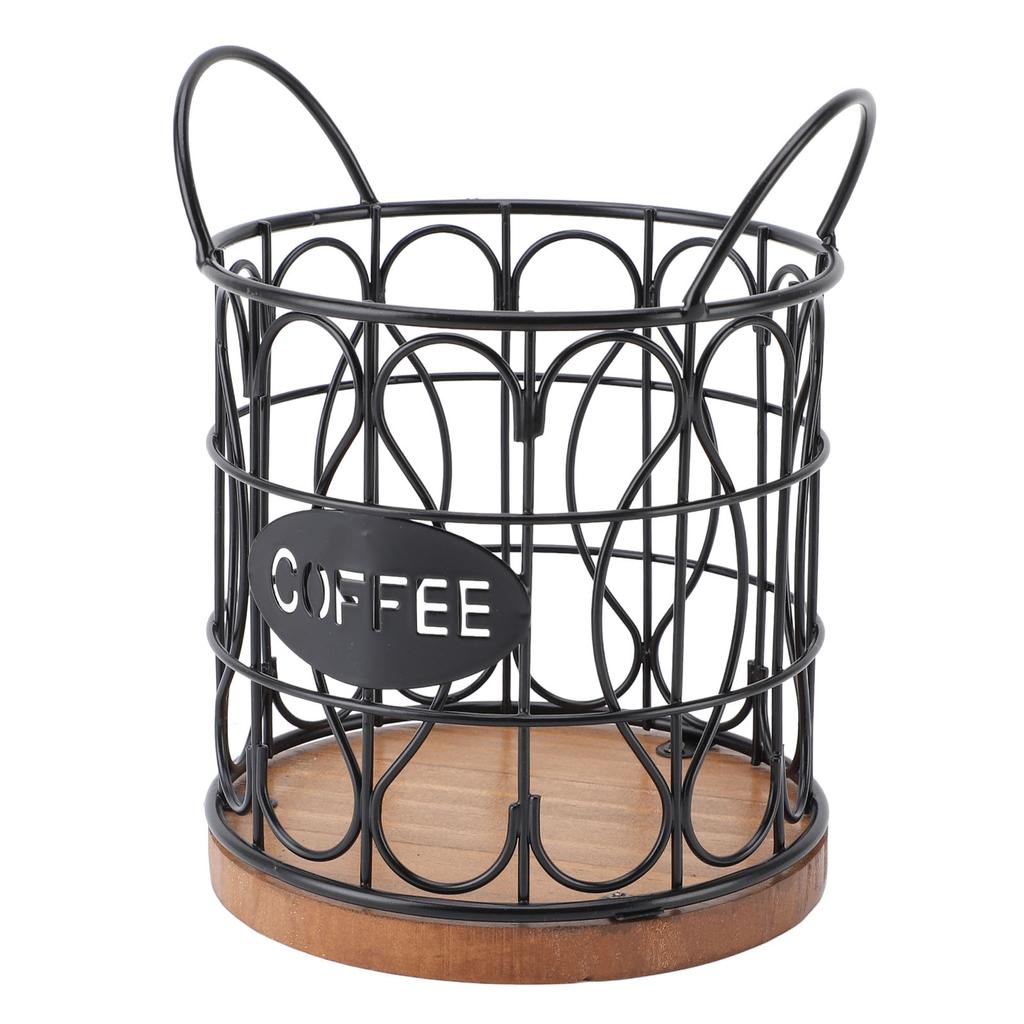 Coffee Pod Basket Decorative Round Wire Coffee Capsule Holder with Wooden Base for Cafe Kitchen Countertop