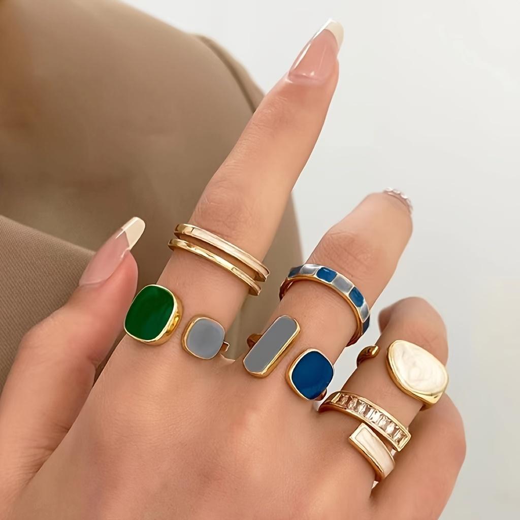 Vintage Boho Style Rings Set – 6 Pieces Colorful Geometric Adjustable Open Rings with zirconia Inlay, Zinc Alloy Fashion Rings for Women – Perfect for золотистый