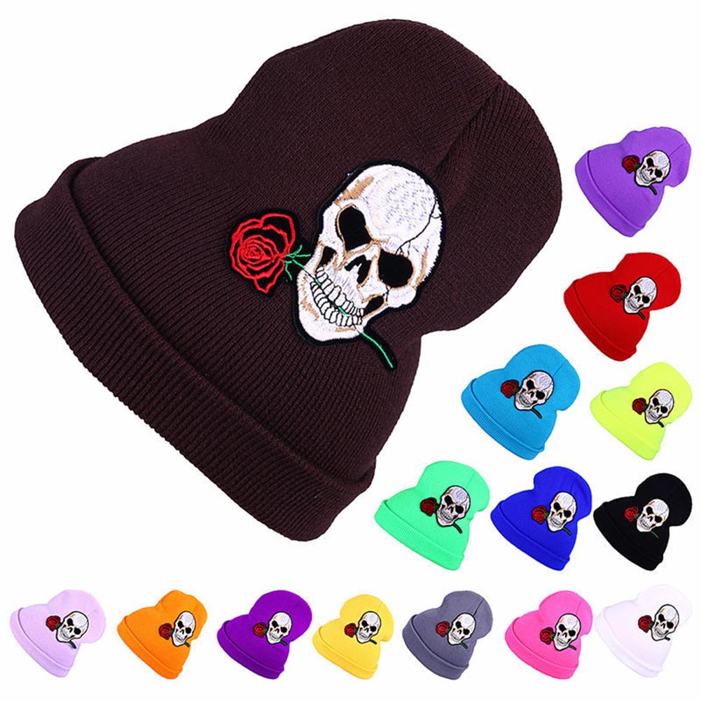 Unisex Embroidered Skull Rose Wool Cap Fashion Knitted Outdoor Warm Hat for Winter Autumn
