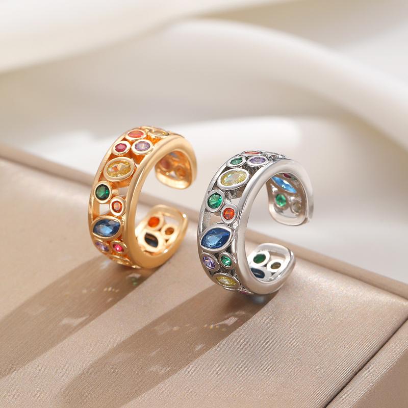 Exquisite Colorful Crystal Zircon Geometric Open Ring For Women Simple Copper Hollowed Out Stacked Finger Ring Fashion Jewelry