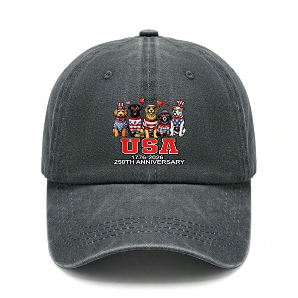 [USA Dog Print Baseball Cap] Vintage Washed Adjustable Hat Unisex Breathable Soft Polyester Casual Outdoor Sports For 250Th Anniversary Celebration