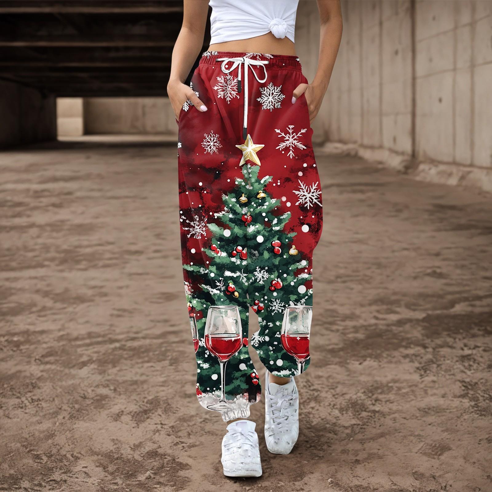 Женские повседневные брюки с завязками на резинке и рождественским принтом — фото 7