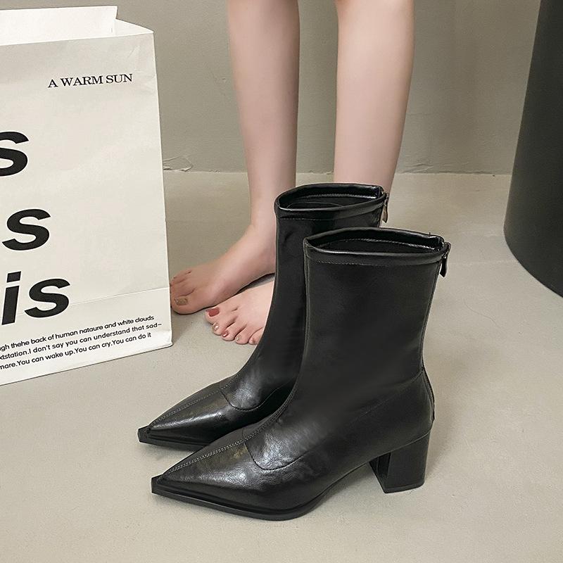 Fashion Women Short Boots 2025 Autumn Pointed Toe Korean Fashion Solid Colour Non-slip High Heels Thick Heel Comfort Shoes Botas Mujer