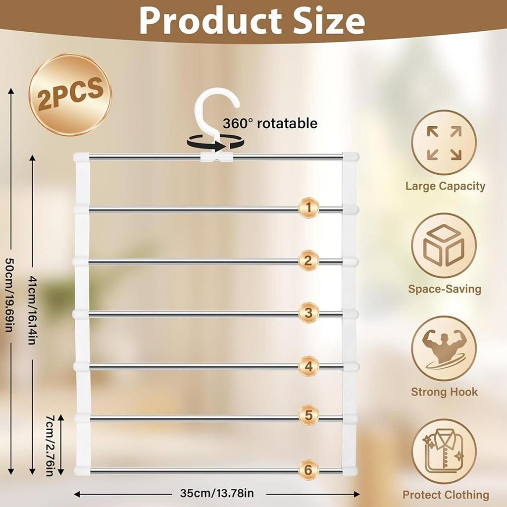 Pants Hangers Space Saving 6 Layers Foldable Rack 2 Pieces Clothing Hangers for Jeans Trousers Skirt Closet Bedroom Dorm