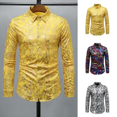 Camisa de club para hombre con estampado de piel de serpiente, cuello vuelto, corte entallado, abotonada, manga larga, camisa de fiesta, ropa de actuación para discoteca