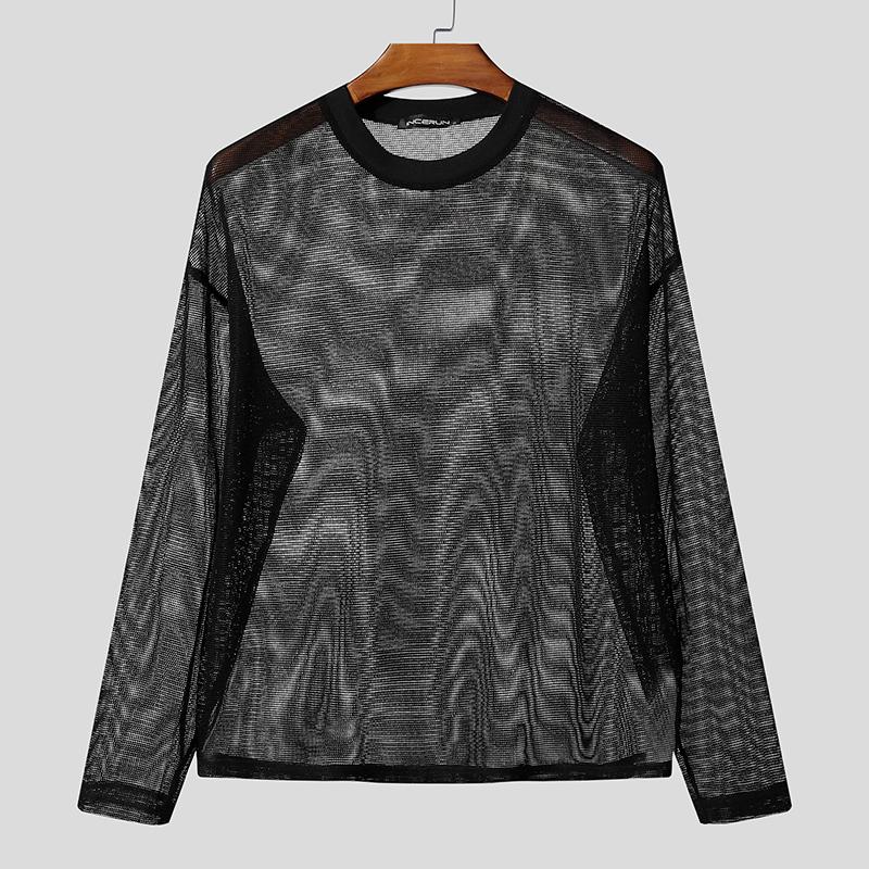 

INCERUN Мужские футболки с длинным рукавом и круглым вырезом, прозрачные повседневные топы из сетки с вырезами M