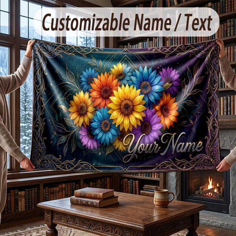 Floral Garden Theme Throw Blanket Custom Name Text Personalized Blanket Soft Cozy Blanket for Home Sofa Bed