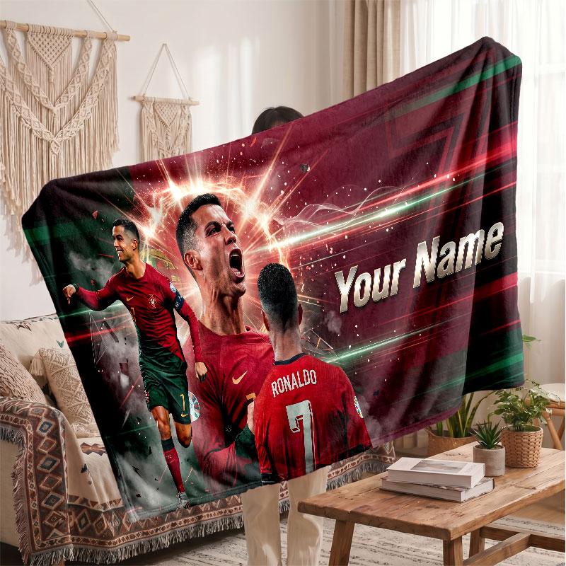 Cristiano Ronaldo Personalized Fleece Blanket With Football Logo, Custom Name Text Soft Warm Home Throw Blanket