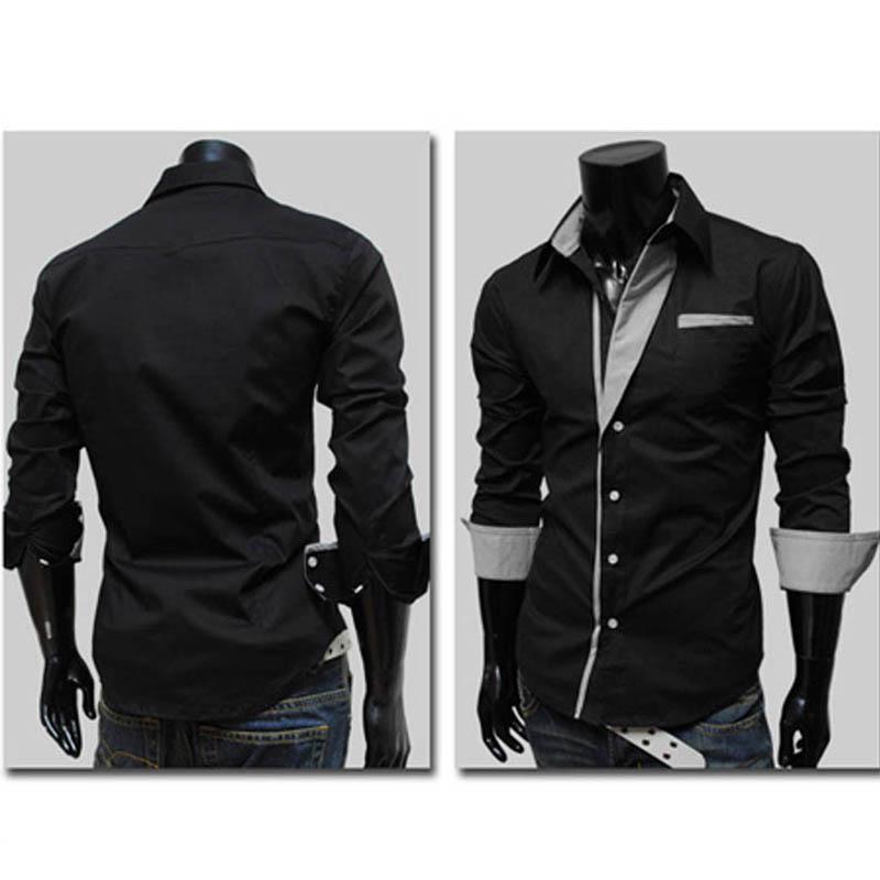 

Мужские рубашки модные повседневные мужские полосатые декоративные длинные рукава индивидуальная тонкая рубашка L чёрный