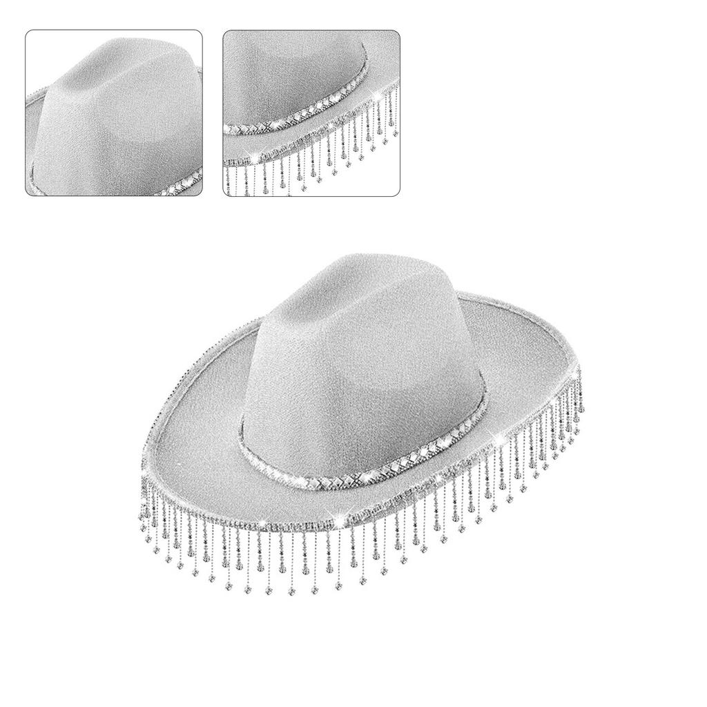 Rhinestones Tassels Cowboy Hat for Women Teens Breathable Wide Brim Beach Hat Music Festival Hat Bachelorette Party Cap