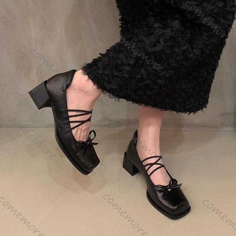 Feiern Sie Französisch Quadratische Spitze Leder Ballett Einzelne Schuhe Schwarz Dicke Hohe Absätze Schleife Flacher Ausschnitt Retro Pumps Mary Jane Schuhe
