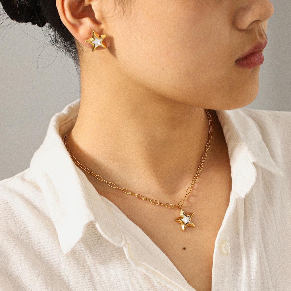 Dripping Star Earrings And Five Point Star Necklace Set For Women Small Unique Design Long Lasting Matching Jewelry