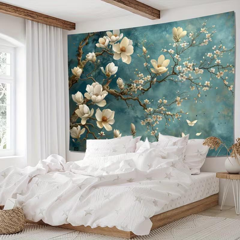 2D Teal Magnolia Flower Tapestry for Bedroom Living Room Decor