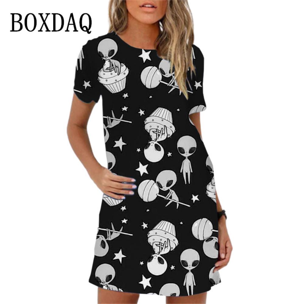 2026 New 3d Colorful Planet Printing Mini Dress Women Summer Short-sleeved Casual Fashion Elegant Round Neck Dress