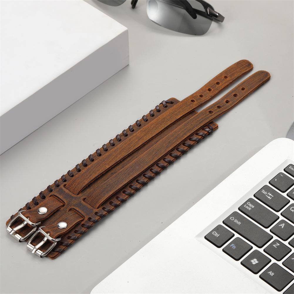 Men's European & American Retro Genuine Leather Punk Braided Bracelet - Multi-Layer, Adjustable.