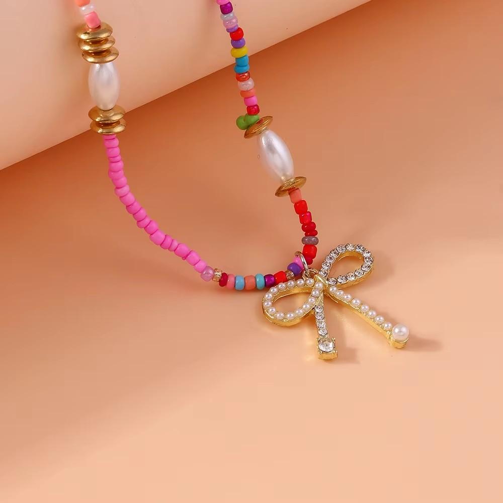 Pretty Handmade Colorful Beads Necklace for Women Crystal Heart Bowknot Pendants Necklaces Party Holiday Jewelry Gift