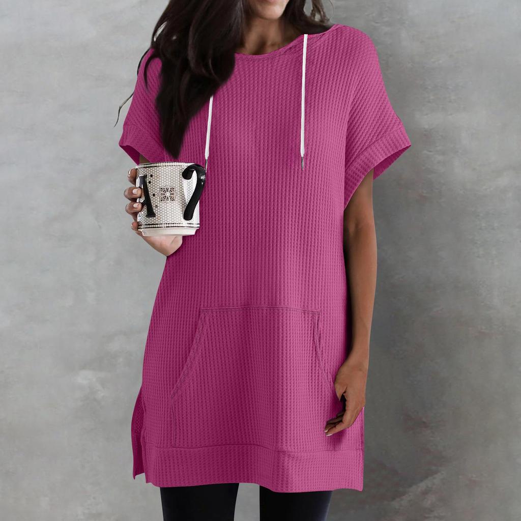 Women's Color Loose Shirts Short Sleeve Drawstring Hoodies Knit Side Slit Tunic Hooded Tops With Pocket