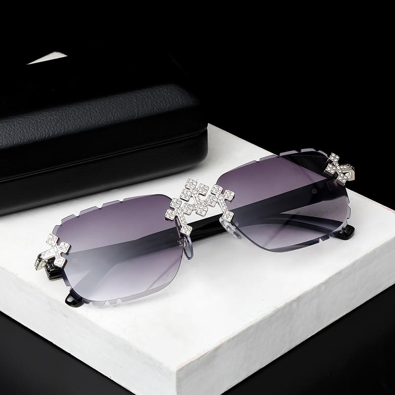 Fashion Square Rimless Sunglasses For Women Cross Diamond Metal Frame Luxury Eyewear Cut Lens UV400 Shades Sun Glasses