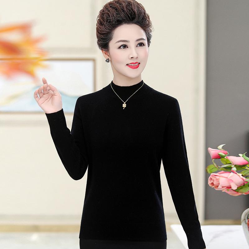 Women's 100% Pure Wool Sweater - Thick, Half High Neck for Middle-aged & Elderly, Autumn/Winter