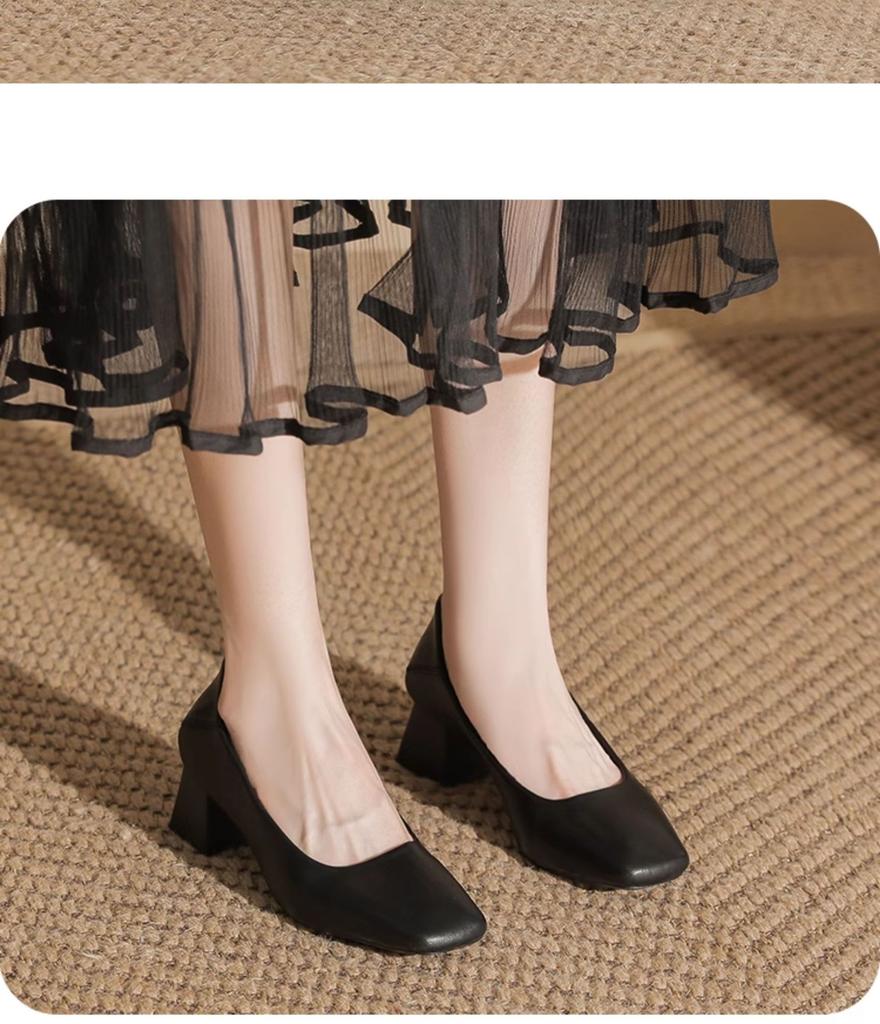 Giant soft~ French leather square head soft leather single shoes versatile temperament thick heel light mouth spring and autumn shoes professional
