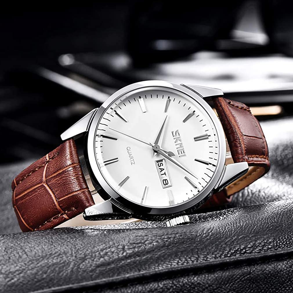 Brown Leather Classic Business Waterproof Quartz Date Day of the Week Gift Men's Watch, Strap, Wristwatch, Movement, Analog, Stylish, Casual, Simple,