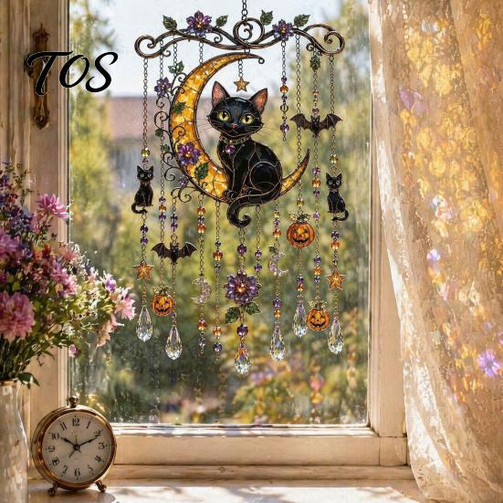 Handcrafted Spooky Home Accents Halloween Acrylic Wind Chime Pendant, Crystal Suncatcher Hanging Ornaments, Decorative Unique Seasonal Ornaments