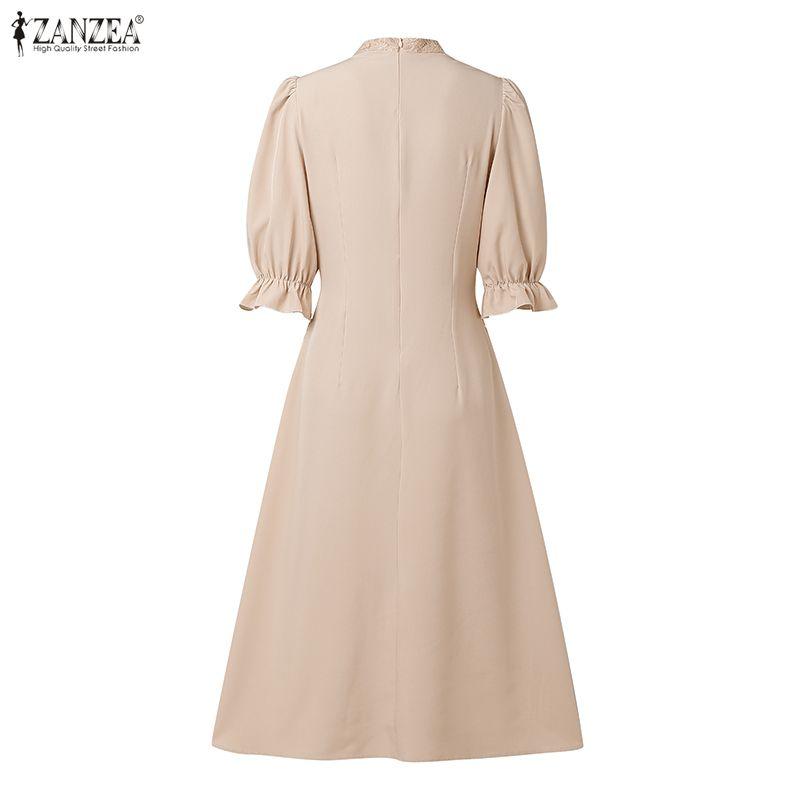 ZANZEA Damen Lässiges Stehkragen 3/4 Ärmel Lockeres Patchwork Spitzenkleid