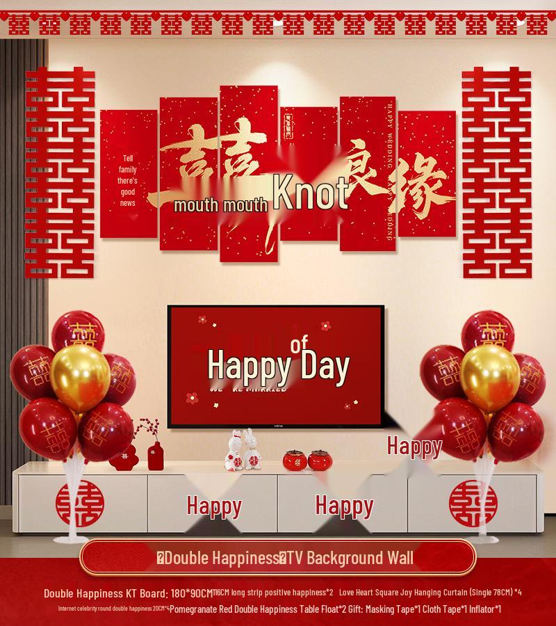 Wedding Decoration Set: Sofa Background, Bedroom Bedside, and Double Happiness Board for Groom's New House