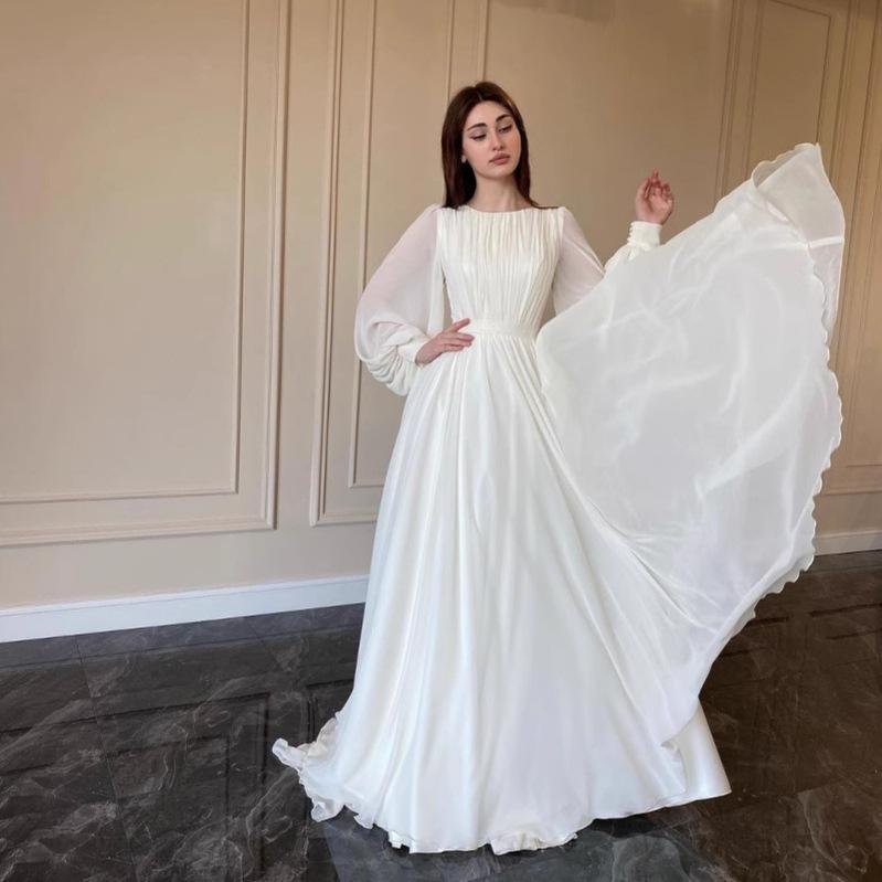 Women White Long Sleeve Pleated Waist Flowy Floor Length Maxi Dress