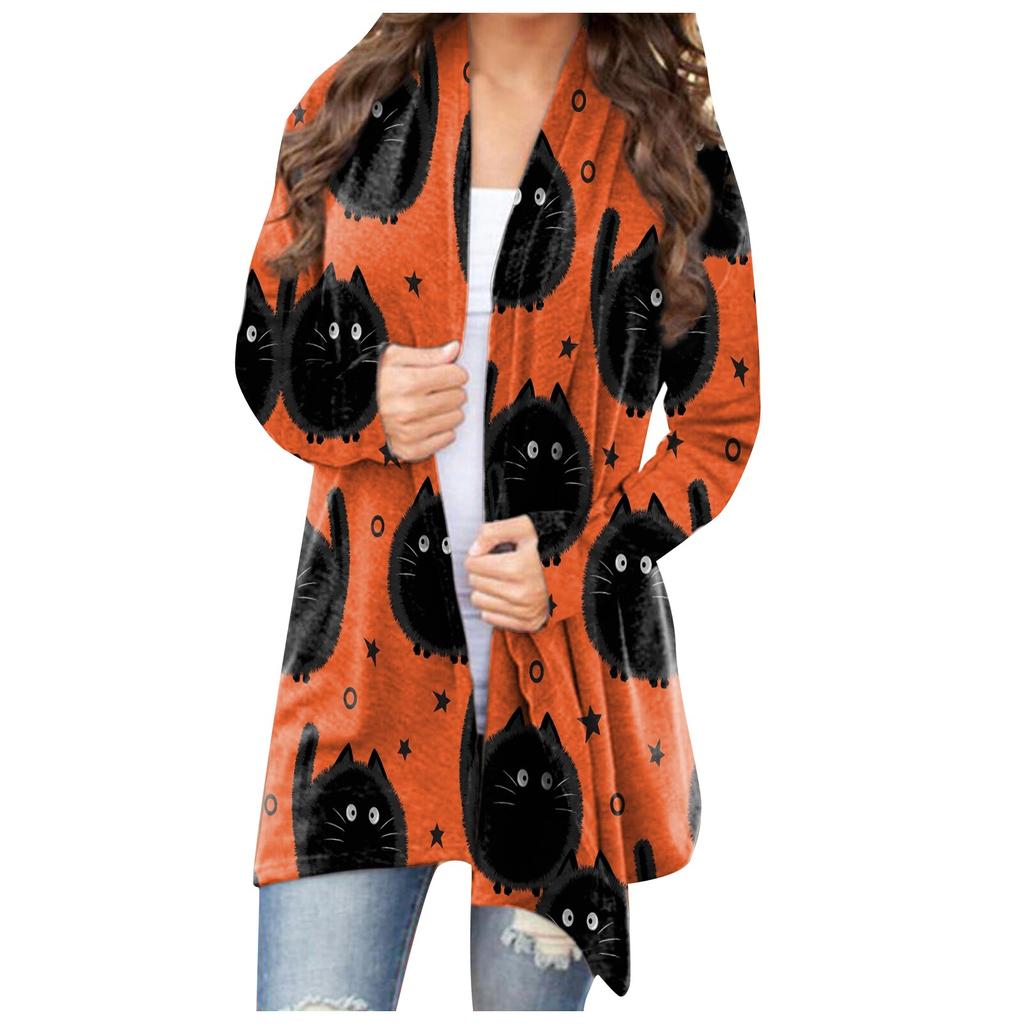 Fashion Women's Halloween  Cat  Print Long Sleeve Cardigan Jacket