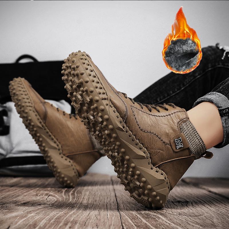 Mens Classic Winter Men's Boots Real Leather Plush Warm Men's Snow Boots Waterproof Outdoor Roman Men Work Boots Men Motorcycle Boots