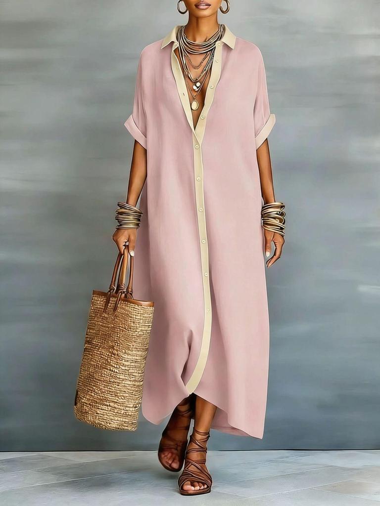 Women's Color Block Loose Cotton Linen Shirt Dress - European & American Fashion 2026
