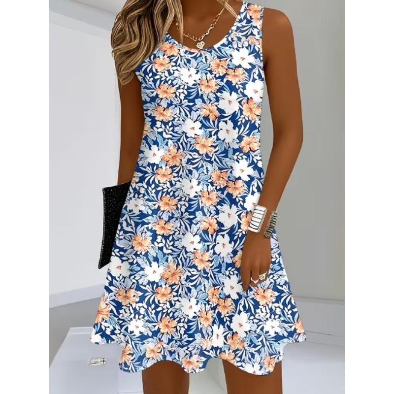 Women's Rose Butterfly Printed Sleeveless Round Neck Dress Loose Soft and Comfortable Plus Size Dress