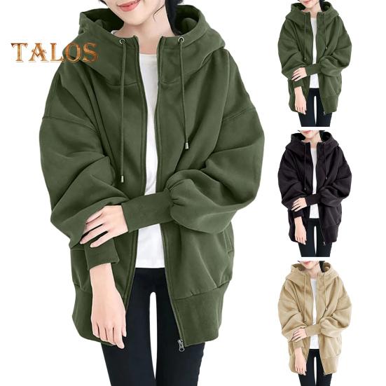 Women Thick Coat for Autumn Winter Warmth Solid Color Mid Length Fleece Jacket with Pockets Loose Zipper Hooded Coat for Daily Wear