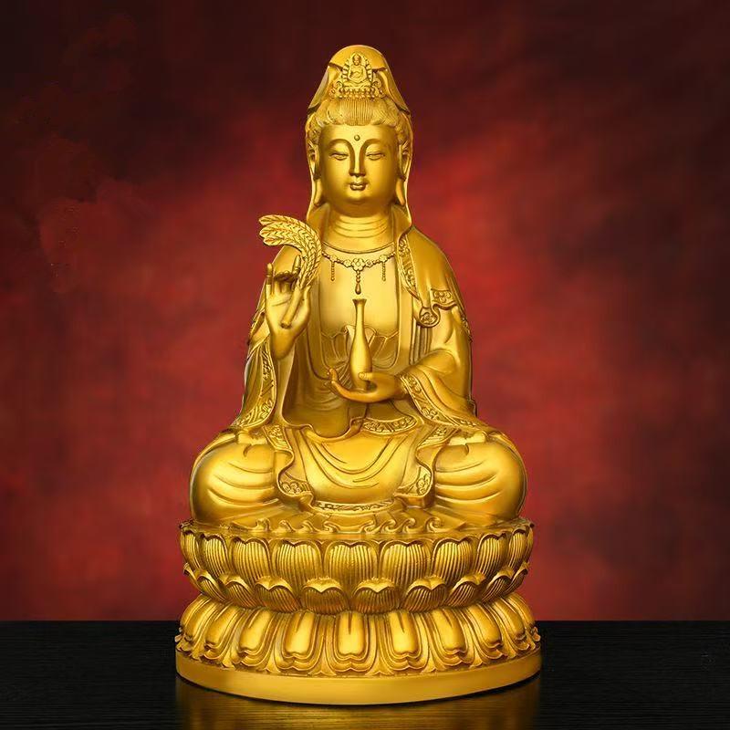 Feng Shui Buddha Copper Guanyin People Ornaments Sitting Lotus Goddess of Mercy Decor